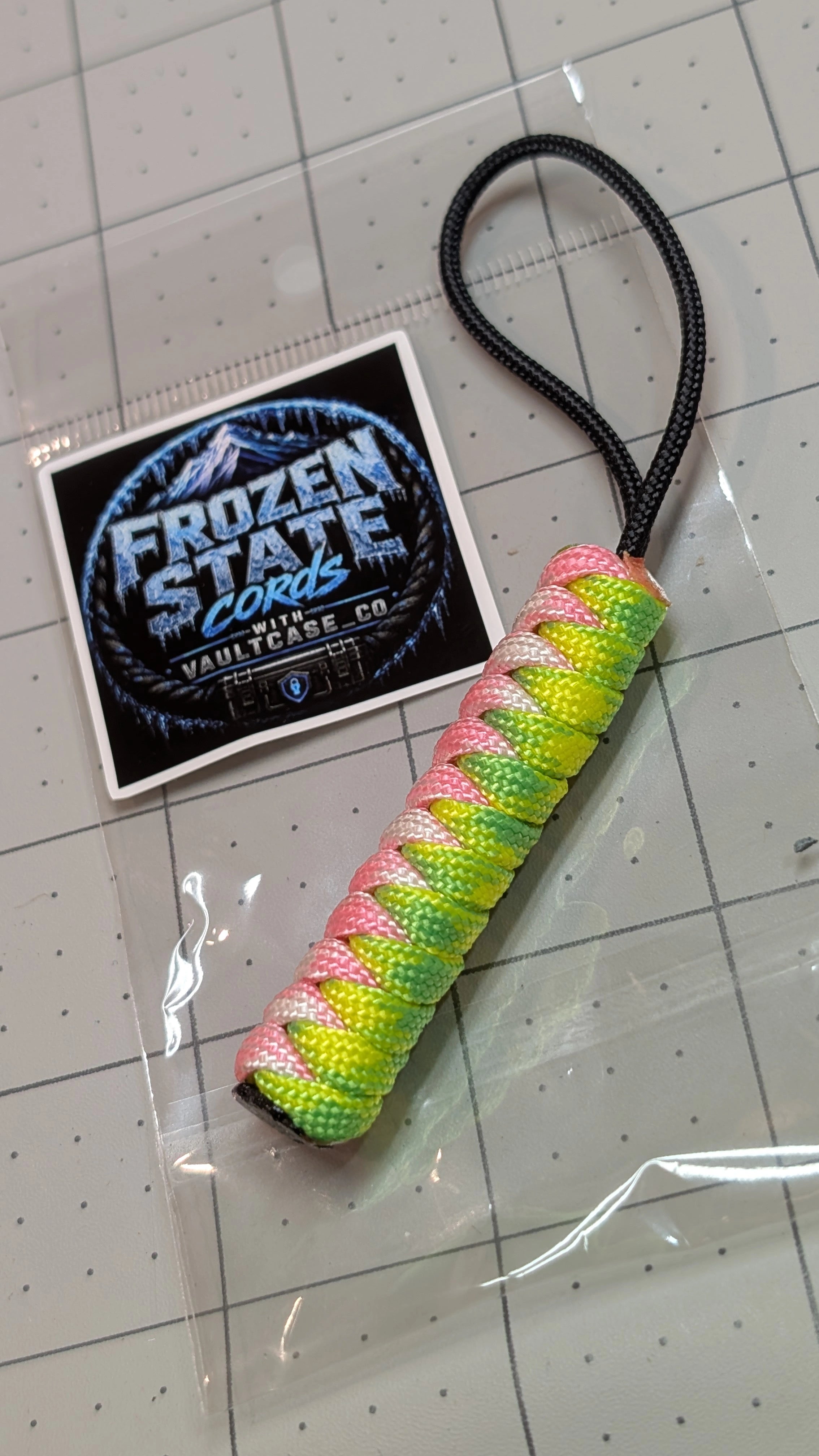 Frozen State Cords paracord lanyard, neon pink and yellow, Sour Patch Knife Utility Blade edition, bagged